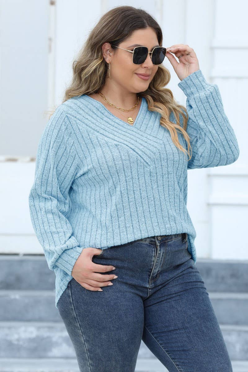 CWTTL1311_PLUS Size V-Neck Long Sleeve Pullover Top