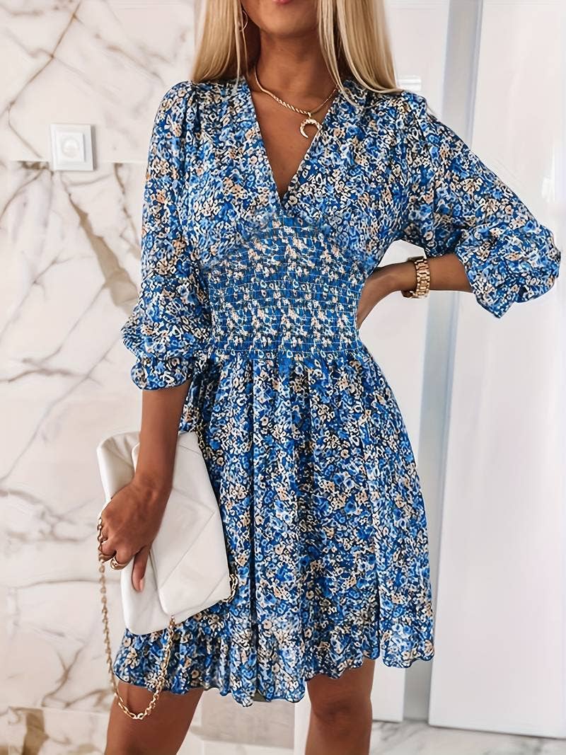 Boho print short sleeve floral mid-length dress