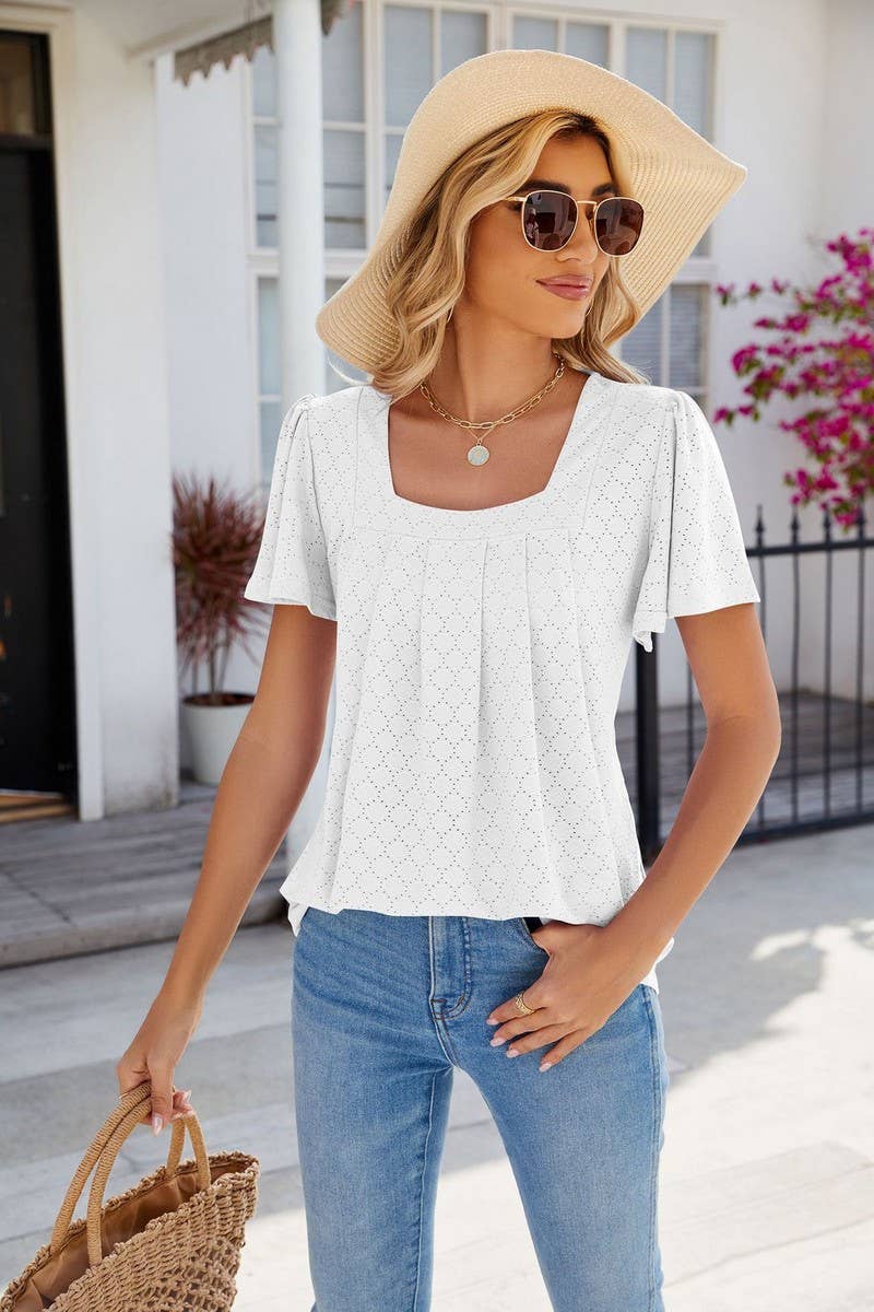 CWTTS0813_Squre Neck Short Ruffle Sleeve Knit Top