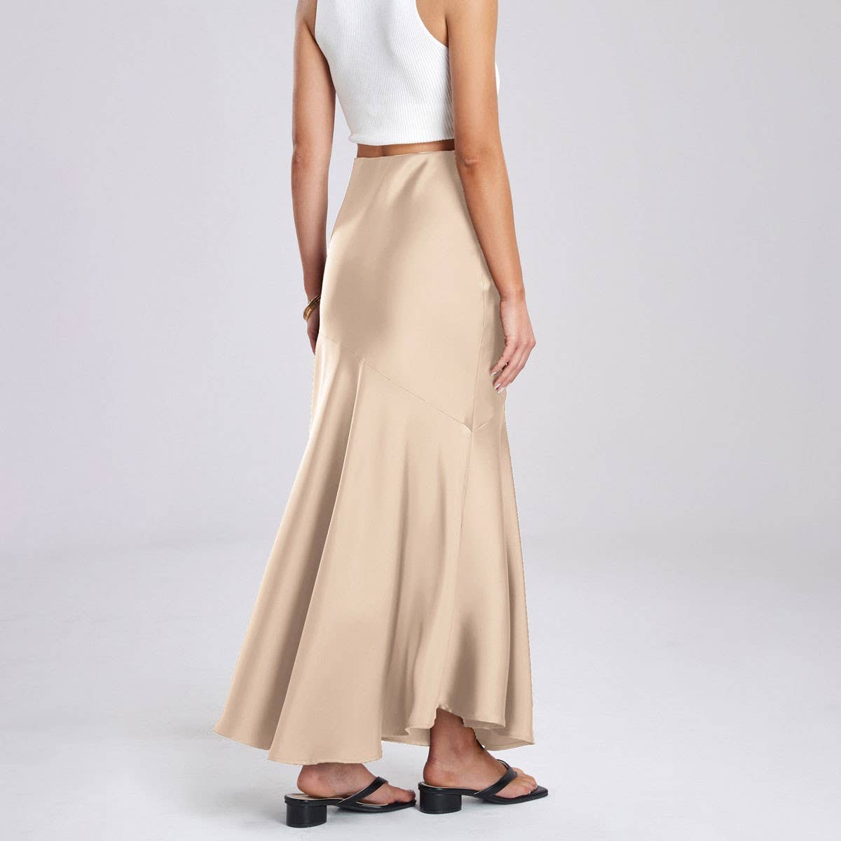 SATIN SKIRT HIGH WAIST STITCHING LONG SKIRT
