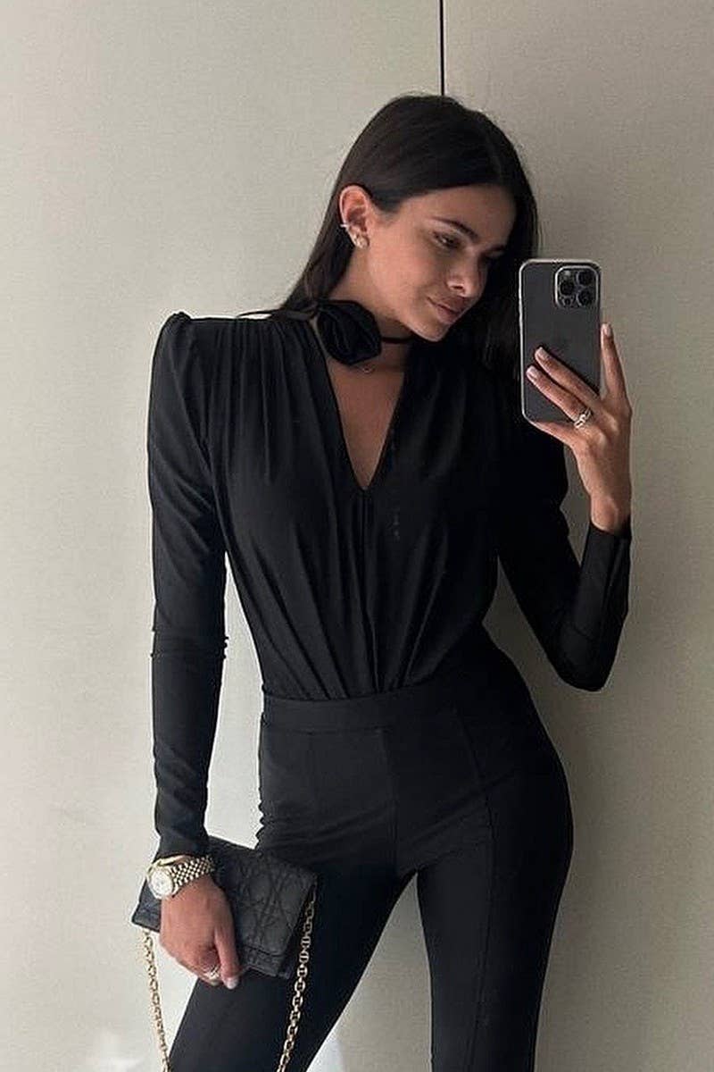 CWSBSL0110_SOLID DEEP V NECK PLEATED LONG SLEEVE BODYSUIT