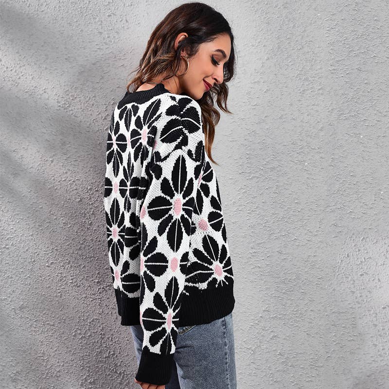 FLORAL DROP SHOULDER LONG-SLEEVED KNIT SWEATER