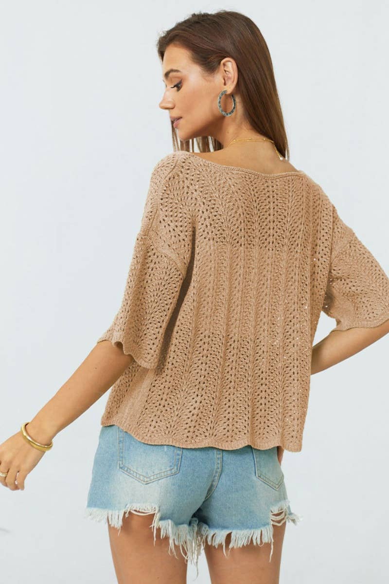 CWTBLS0759_KNITTED CREW NECK HOLLOWED OUT SHORT JACKET