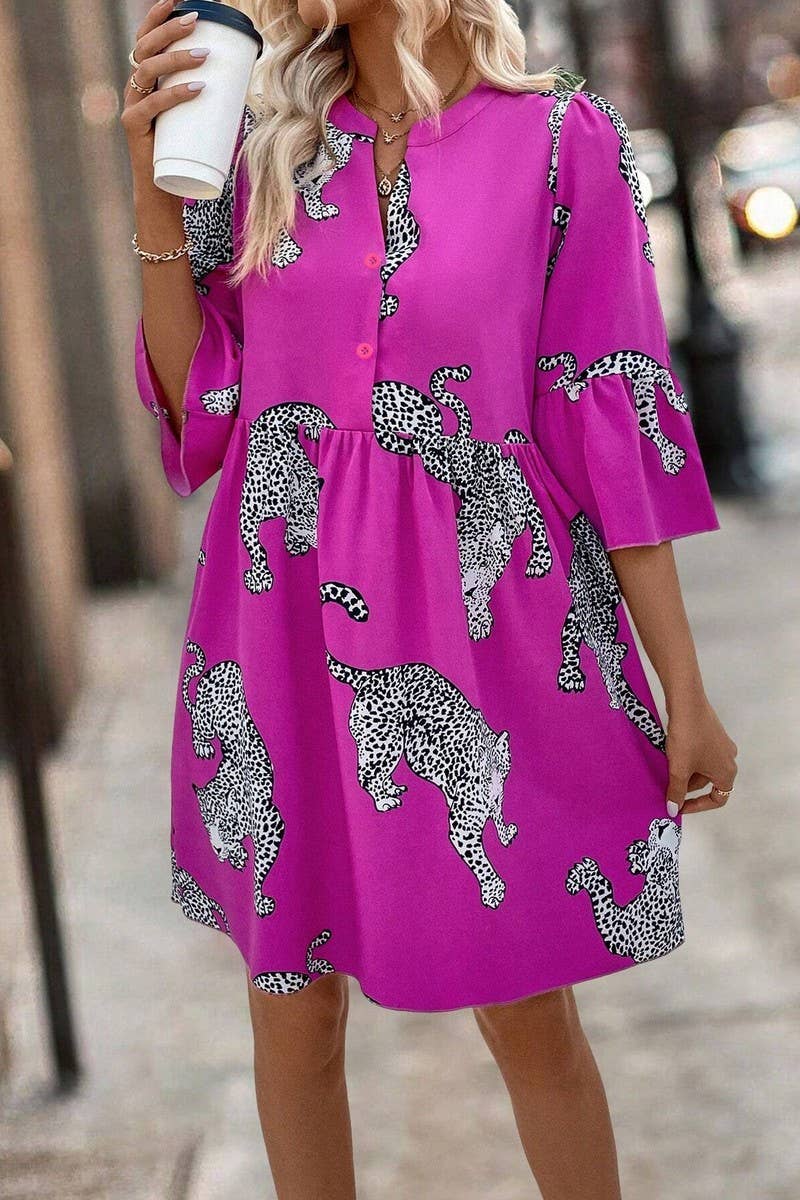 CWDSD6963_LEOPARD PRINT BUTTON BELL SLEEVE DRESS