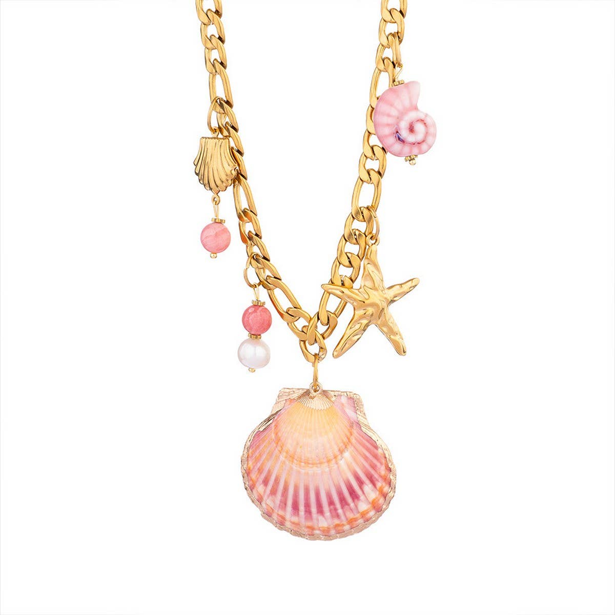 Large Shell & Starfish Beaded Figaro Necklace_CWMM7534