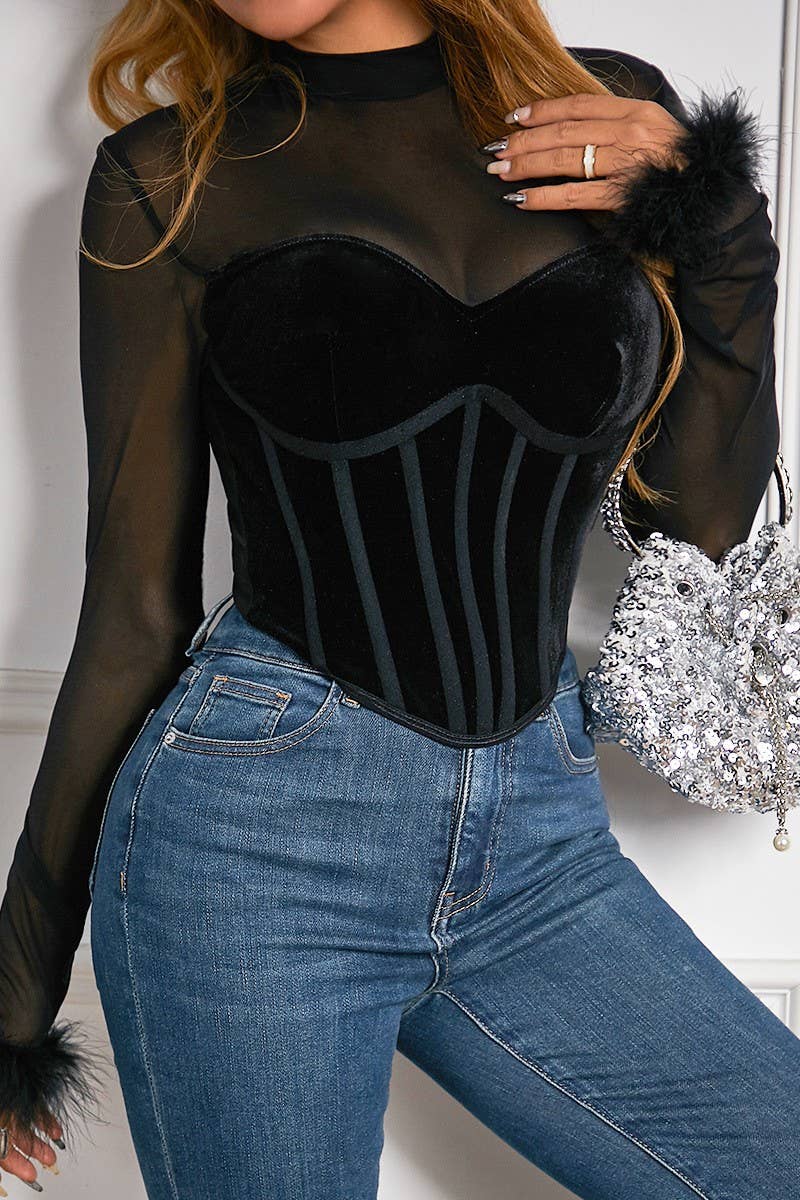 CWTBLL3617_MESH STITCHING SEE-THROUGH HERRINGBONE TOP