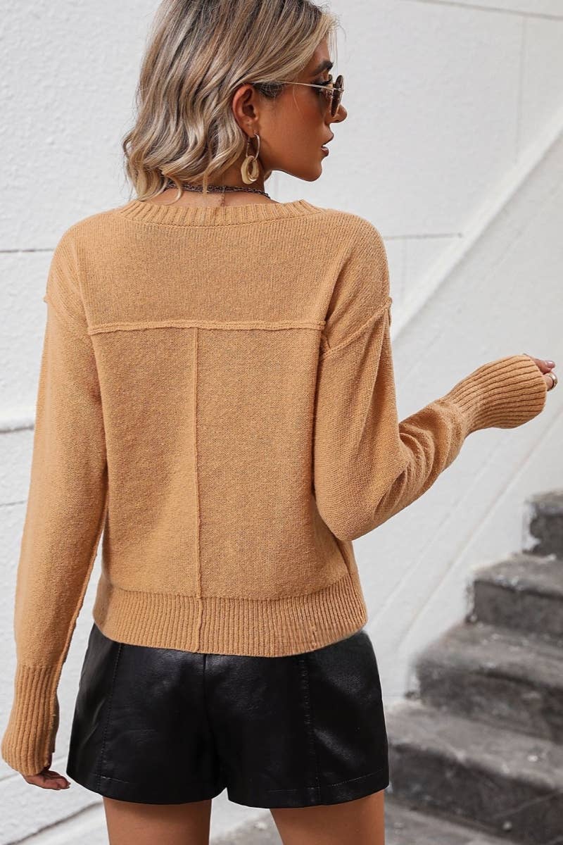 CWOSWL606  Long Sleeve Casual V-Neck Pullover Sweater