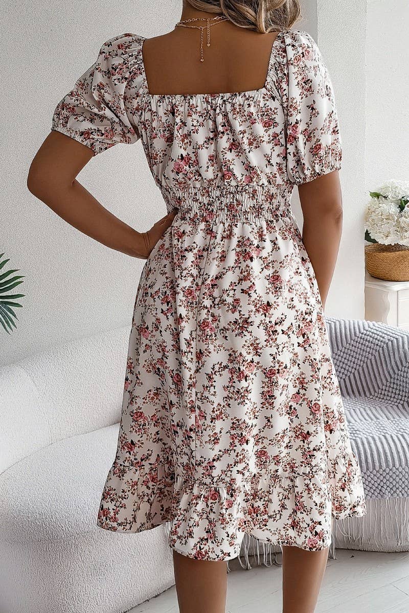 CWDSD8384_FLORAL SQUARE NECK RUFFLE HEM WAIST DRESS