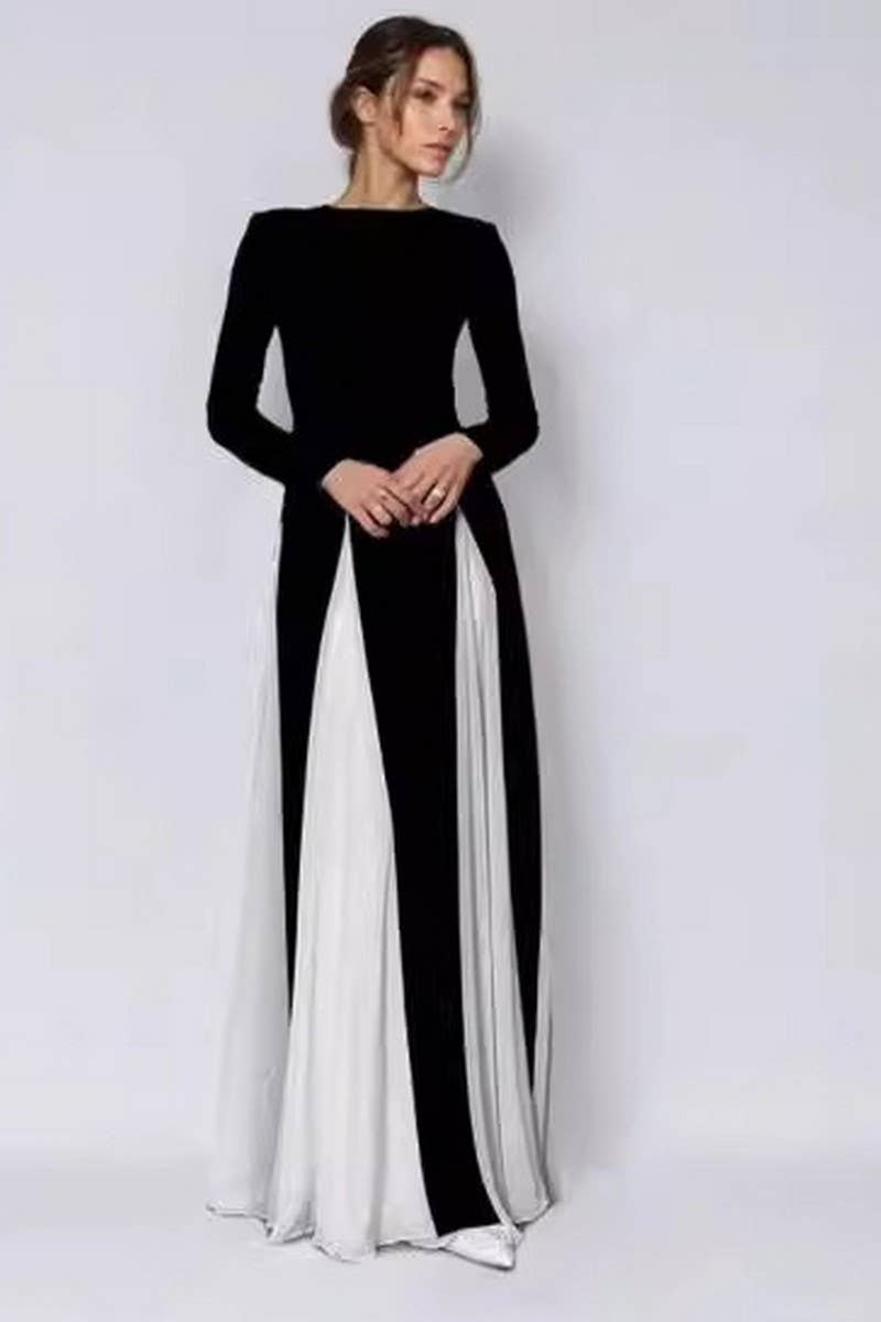 CWDMD01028_BLACK AND WHITE STITCHING LONG-SLEEVED DRESS