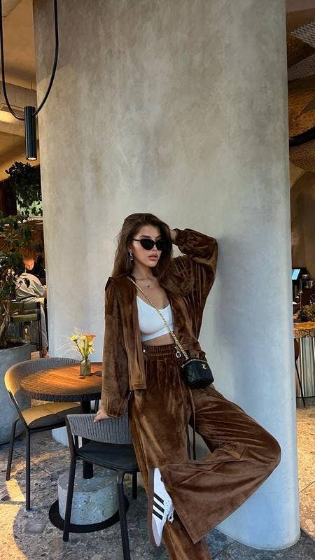 Casual velvet zipper hooded wide-leg pants set