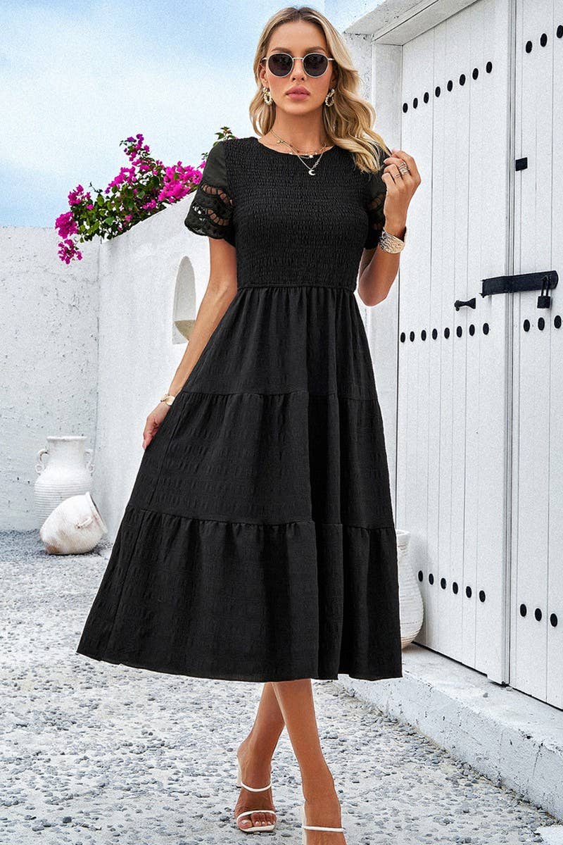 CWDMD6447_TEMPERAMENT SOLID COLOR SHORT SLEEVE HOLLOW DRESS