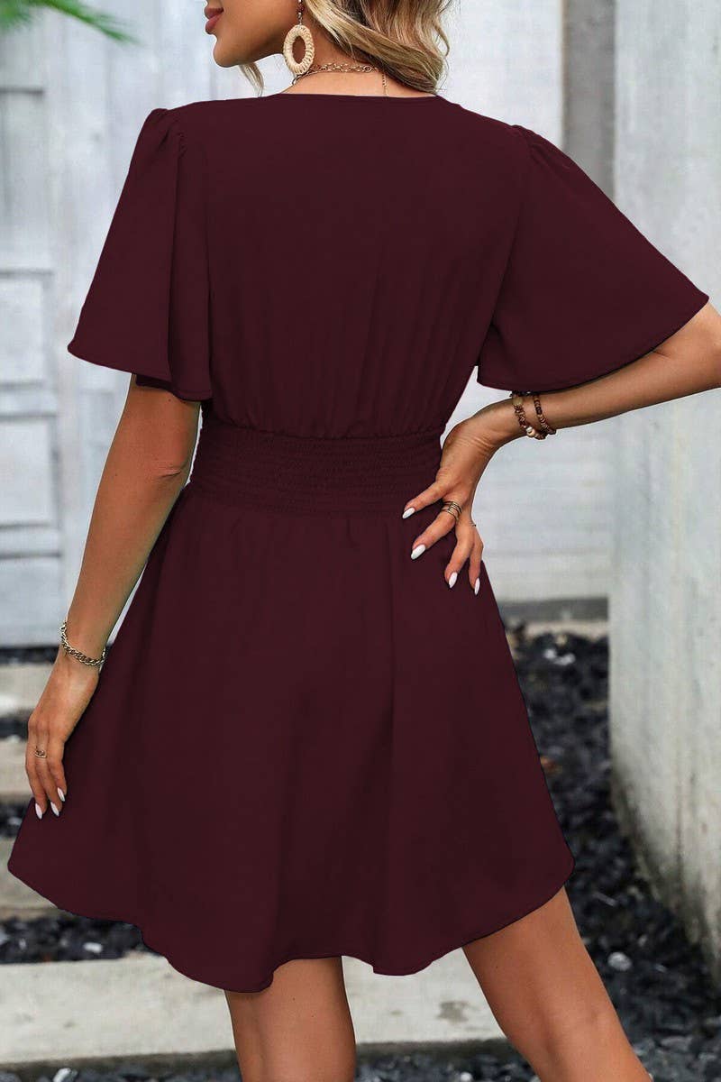 CWDSD7143_V-NECK LOTUS LEAF SLEEVE SOLID COLOR SKIRT DRESS