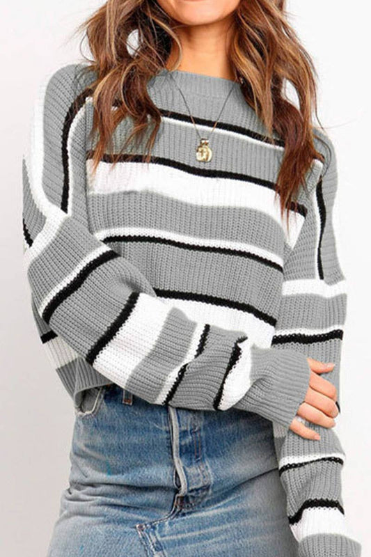 Crew-neck loose striped color-matching sweater