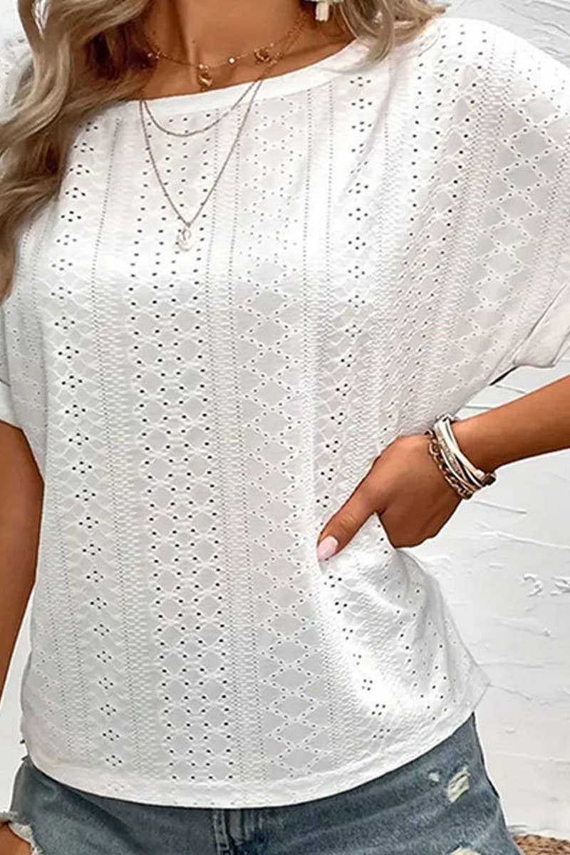 CWTTS1397_SUMMER SOLID COLOR EMBROIDERED HOLLOW T-SHIRT