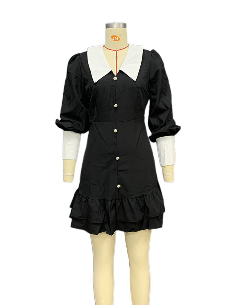 COLOR MATCHING LAPEL GIRL STYLE BAG HIP DRESS