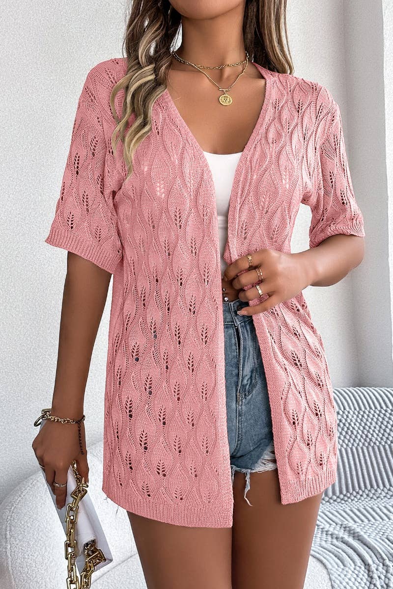 CWTBLS1063_KNITTED HOLLOW LEAF SHORT-SLEEVED SUNSCREEN SHIRT