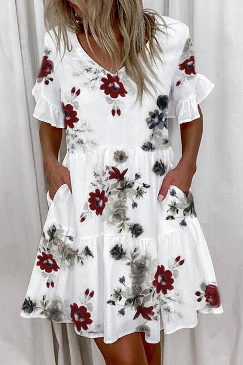 CWDSD8672_FASHION SHORT PRINTED RUFFLE POCKET DRESS