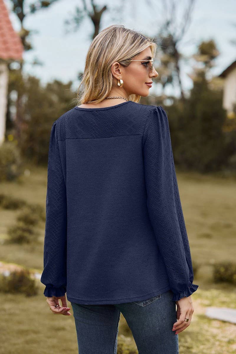CWTBLL2417_SPLICED ROUND NECK LOOSE LONG SLEEVE T-SHIRT TOP