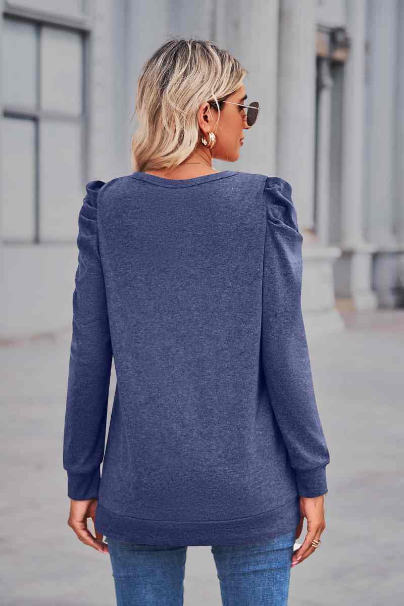 CWTBLL2844_LOOSE CREW-NECK PLEATED LONG-SLEEVED TOP