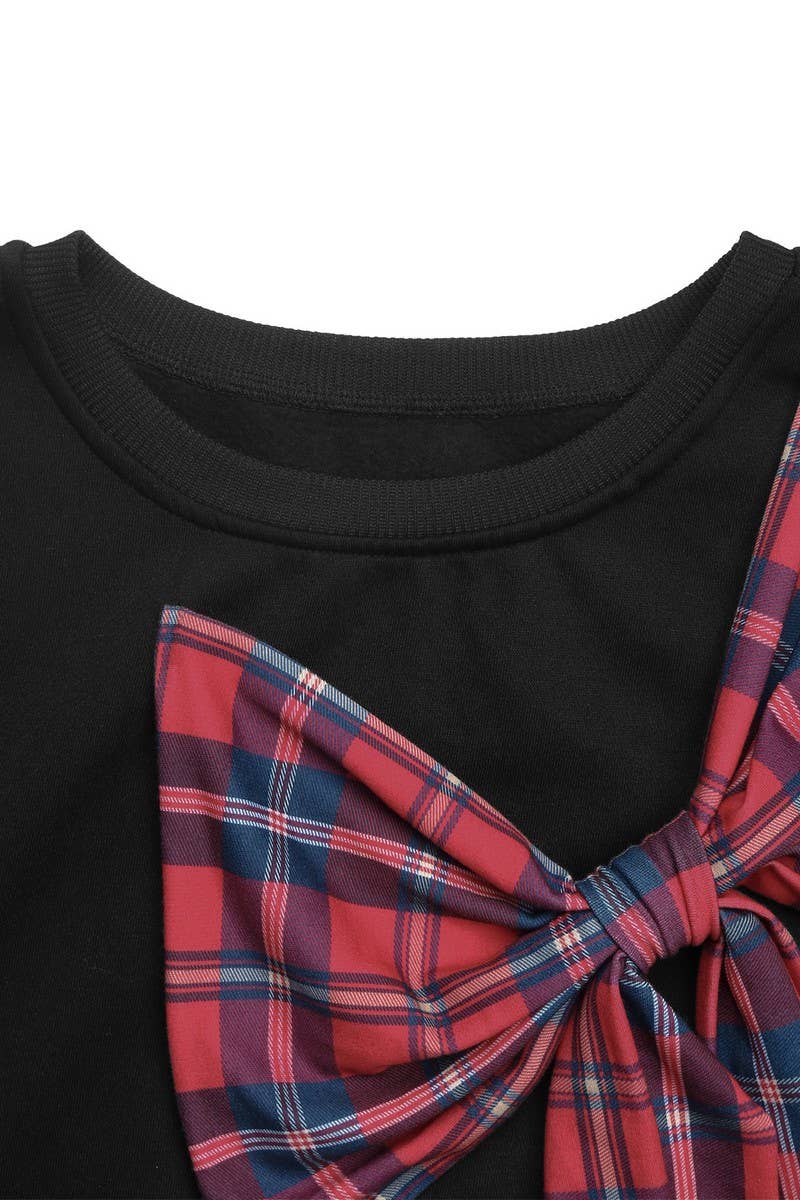 CWTBLL3732_BOW TIE THICKENED ROUND NECK PLAID SWEATSHIRT