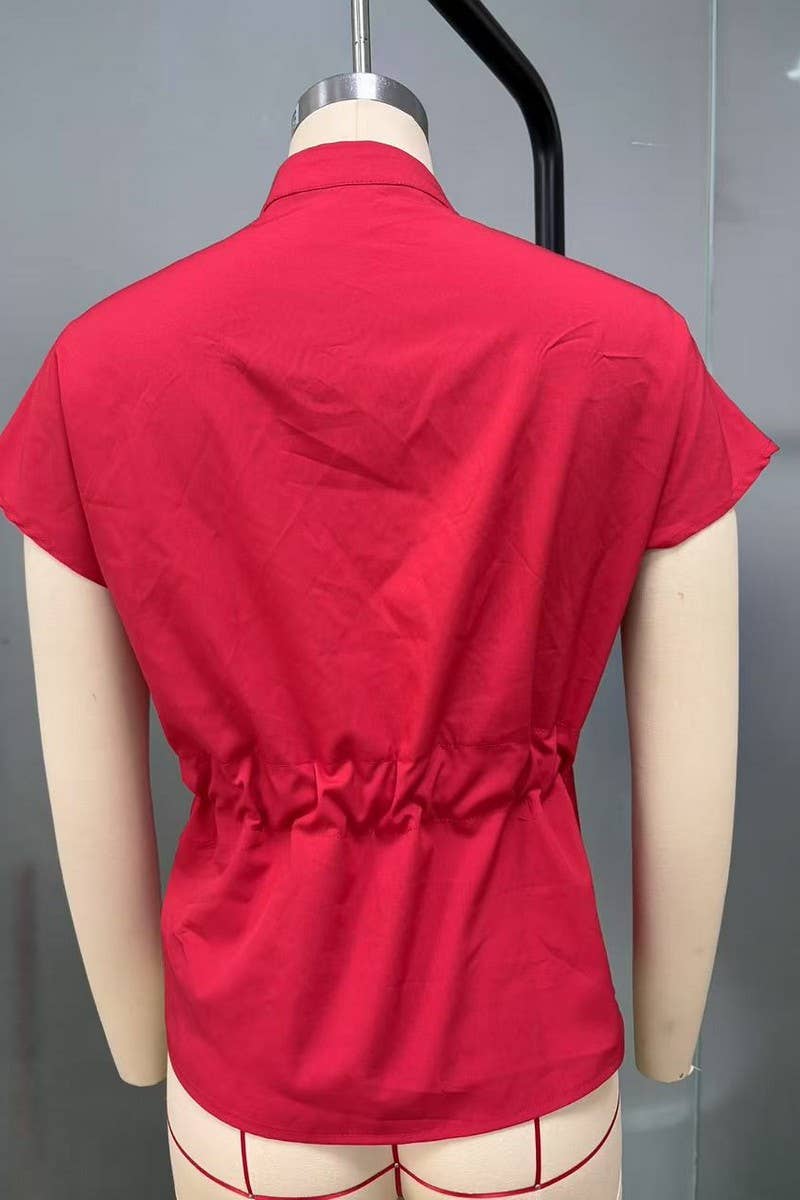 CWTBLS02501_2025 WOMEN V NECK SHORT SLEEVE CHIFFON BLOUSE