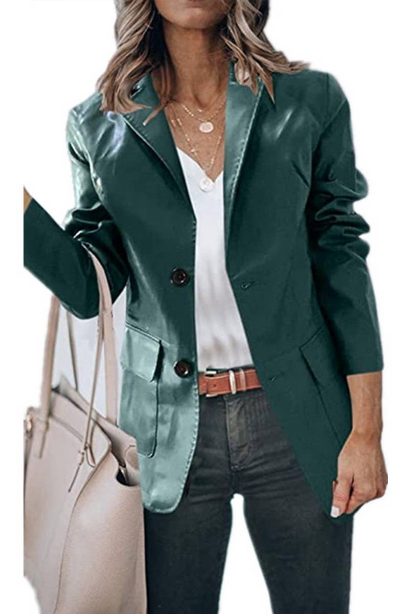 CWOCO0982_LAPEL SINGLE BREASTED SOLID COLOR PU LEATHER COAT