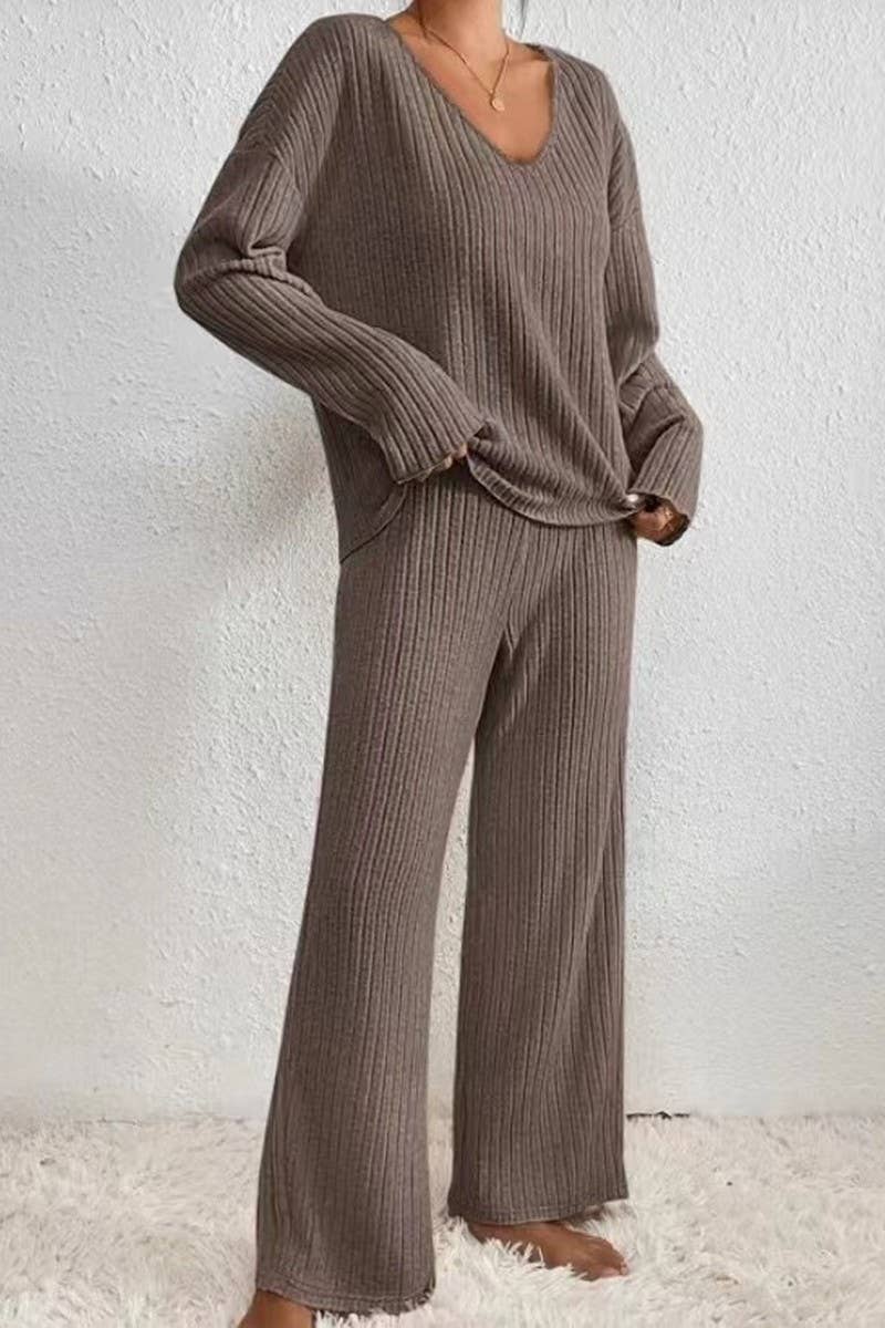 CWSTB1320_V-NECK CASUAL RIBBED BRUSHED LONG-SLEEVED SUIT