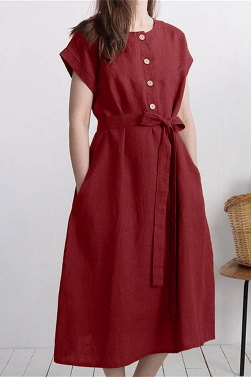 CWDMD3164_COTTON AND LINEN LACE-UP SINGLE-BREASTED DRESS