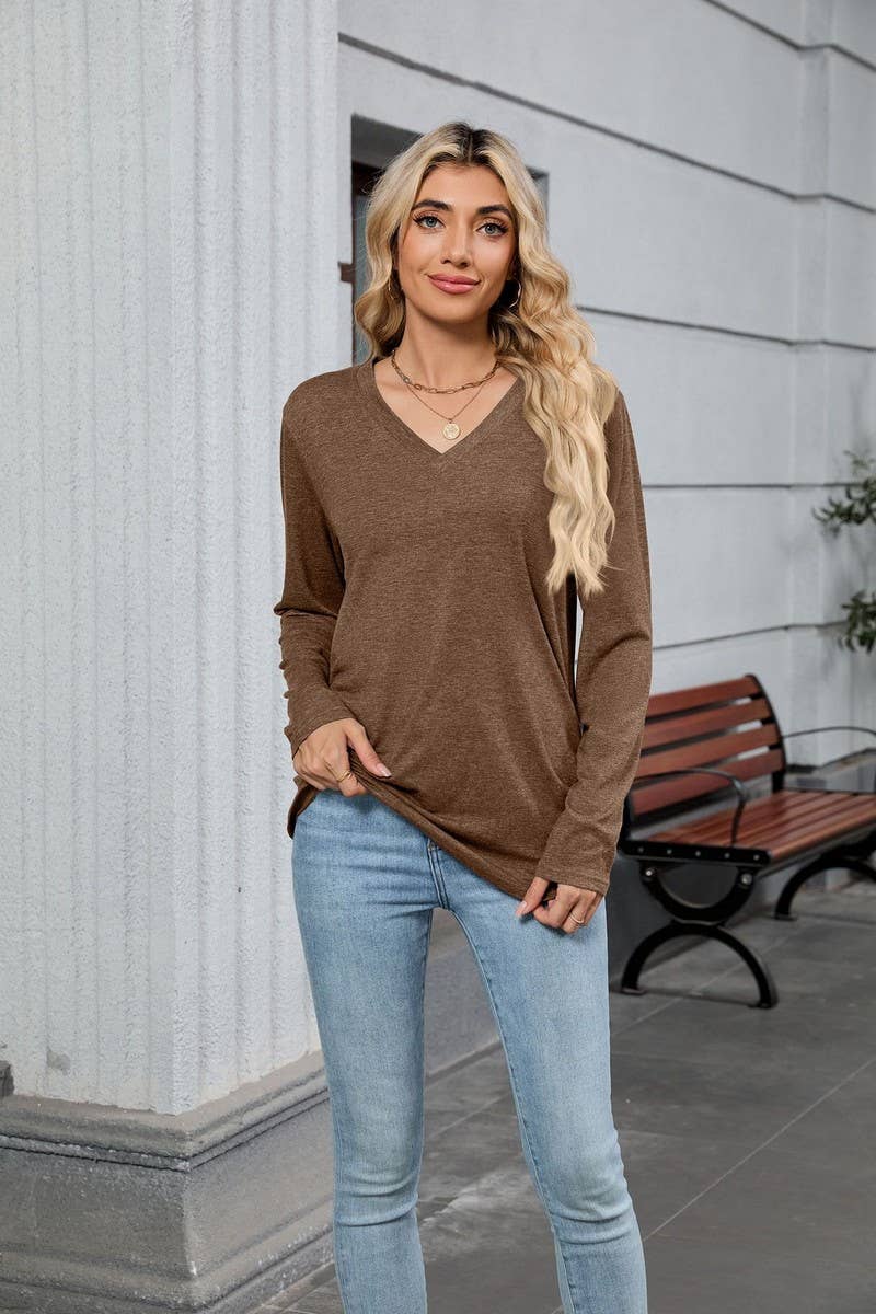CWTBLL4019_SOLID V-NECK LOOSE FIT LONG SLEEVE T-SHIRT