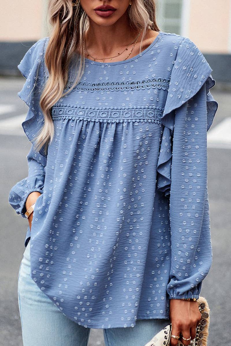 CWTBLL0390_Round neck Long Sleeve Ruffle Detailed Blouse