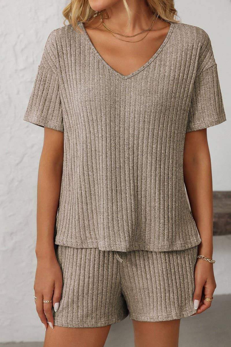 CWSTB1663_SOLID COLOR STRIPED SHORT-SLEEVED HOME WEAR SUIT