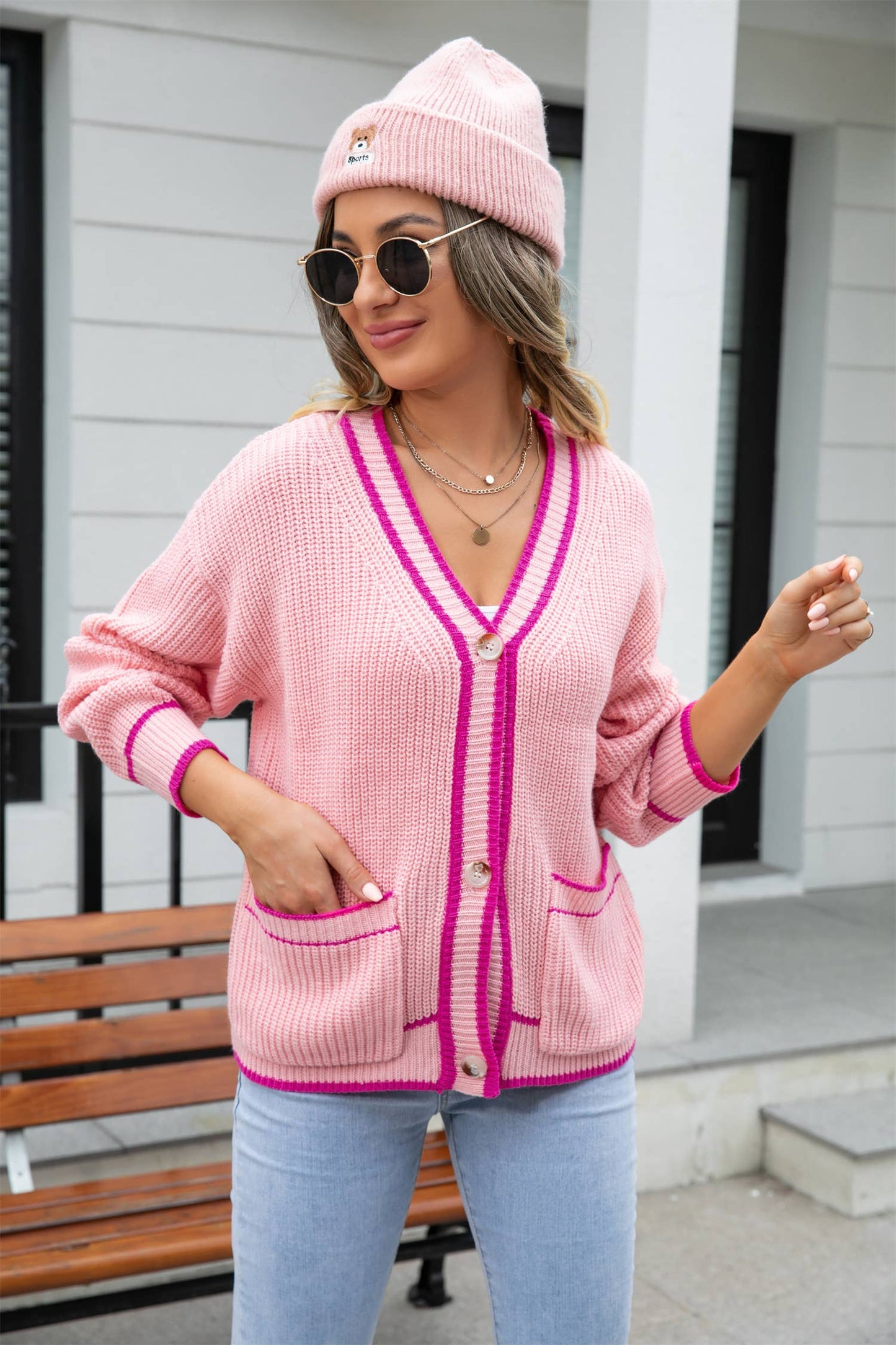 Color matching pocket coat V-neck sweater coat