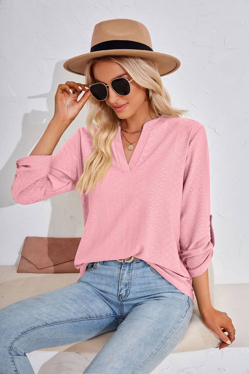 CWTBLL2375_SOLID COLOR V-NECK THREE-QUARTER SLEEVE TOP