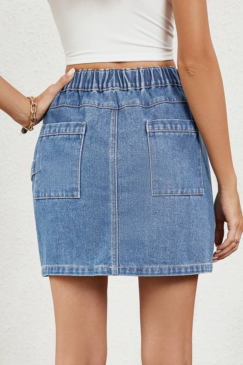 CWJSK00233_WASHED ELASTIC WAIST DENIM MINI SKIRT