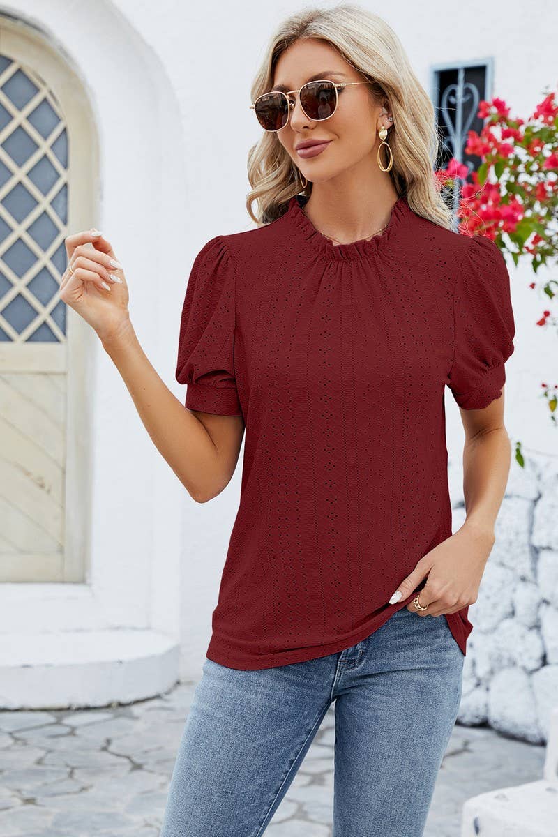 CWTSTS0364_PUFFY SLEEVE LOOSE HOLLOW-OUT PLEATED T SHIRT