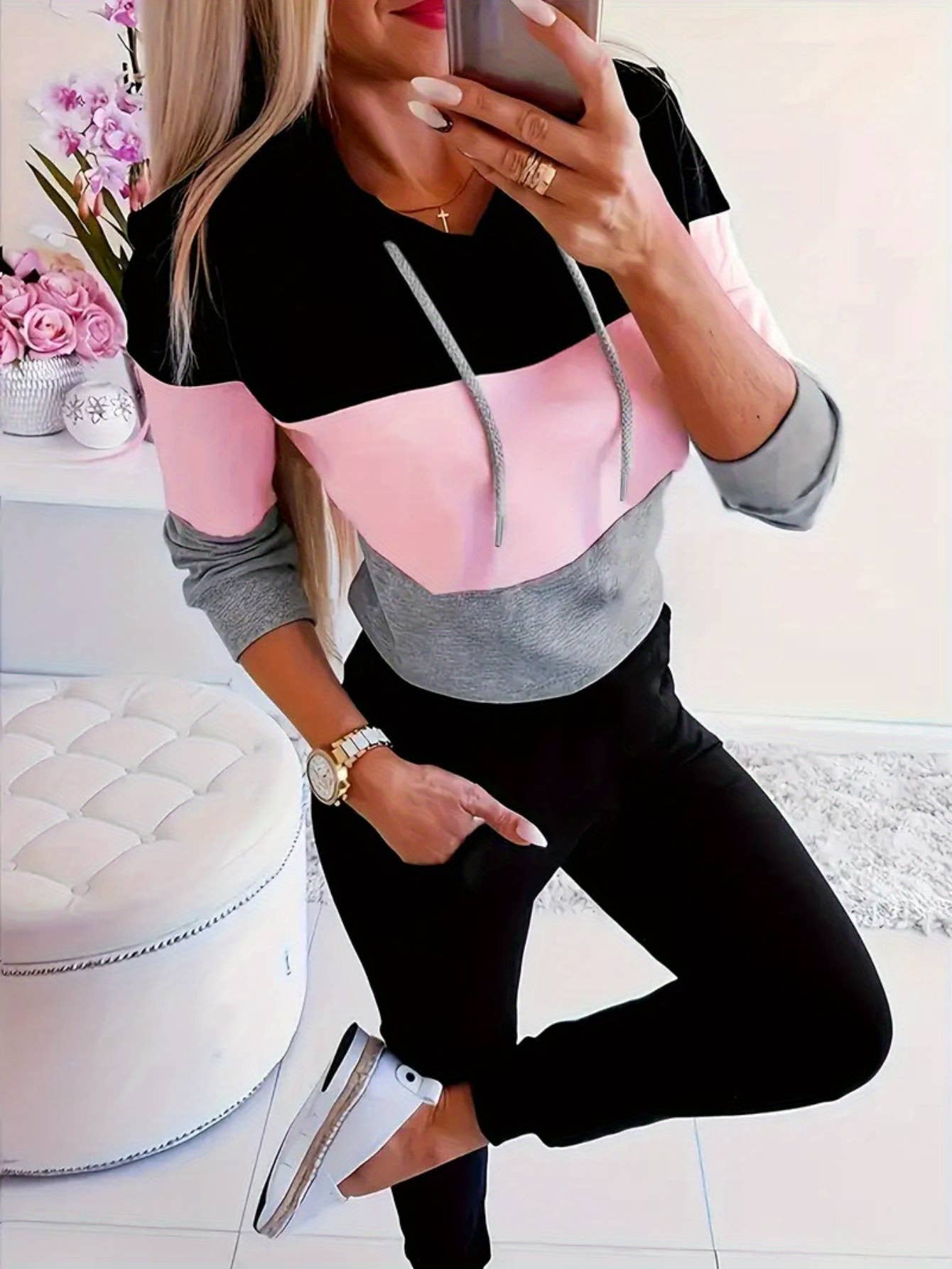CASUAL COLOR MATCHING HOODIE AND HOODIE PANT SUIT
