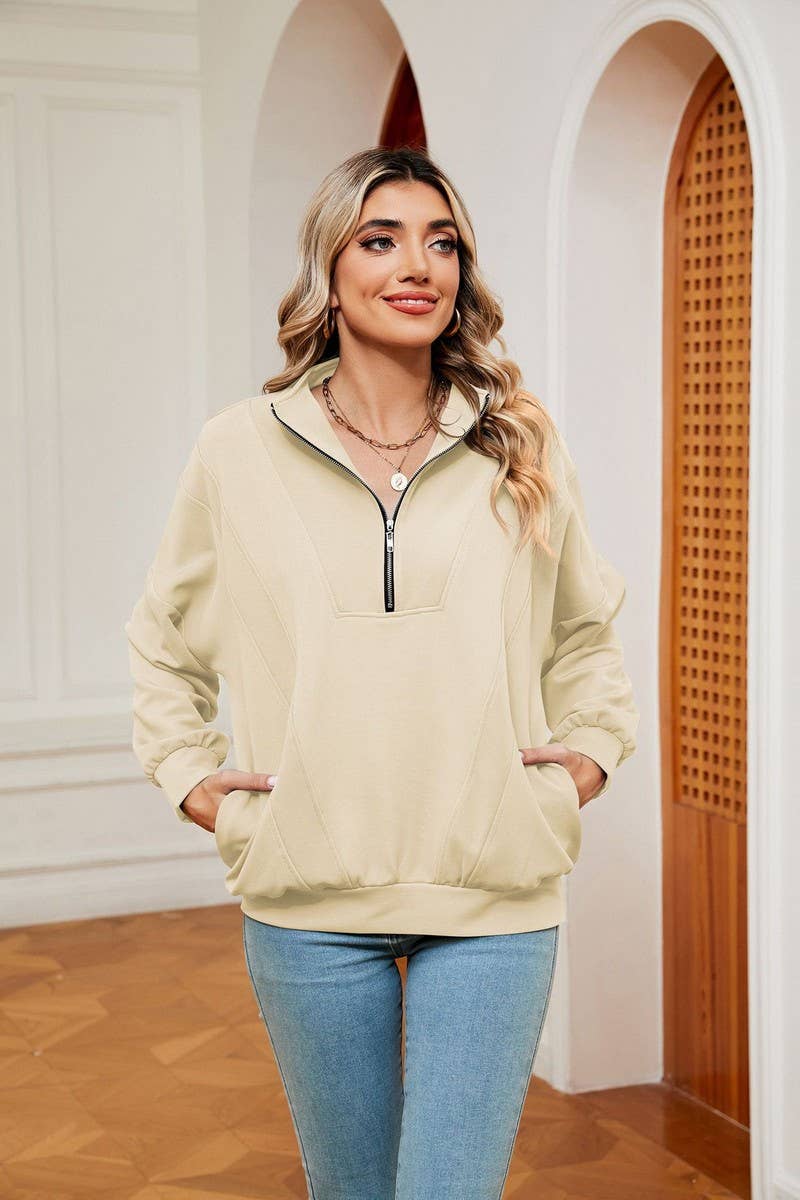 CWTBLL2399_ZIPPERED STAND COLLAR POCKET CASUAL SWEATSHIRT