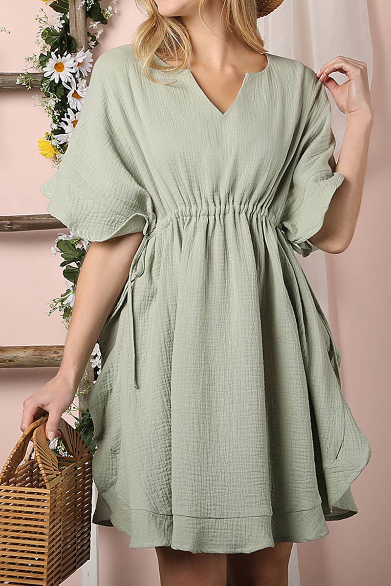 CWDSD10360_DRAWSTRING WAIST SOFT COTTON RUFFLE HEM DRESS