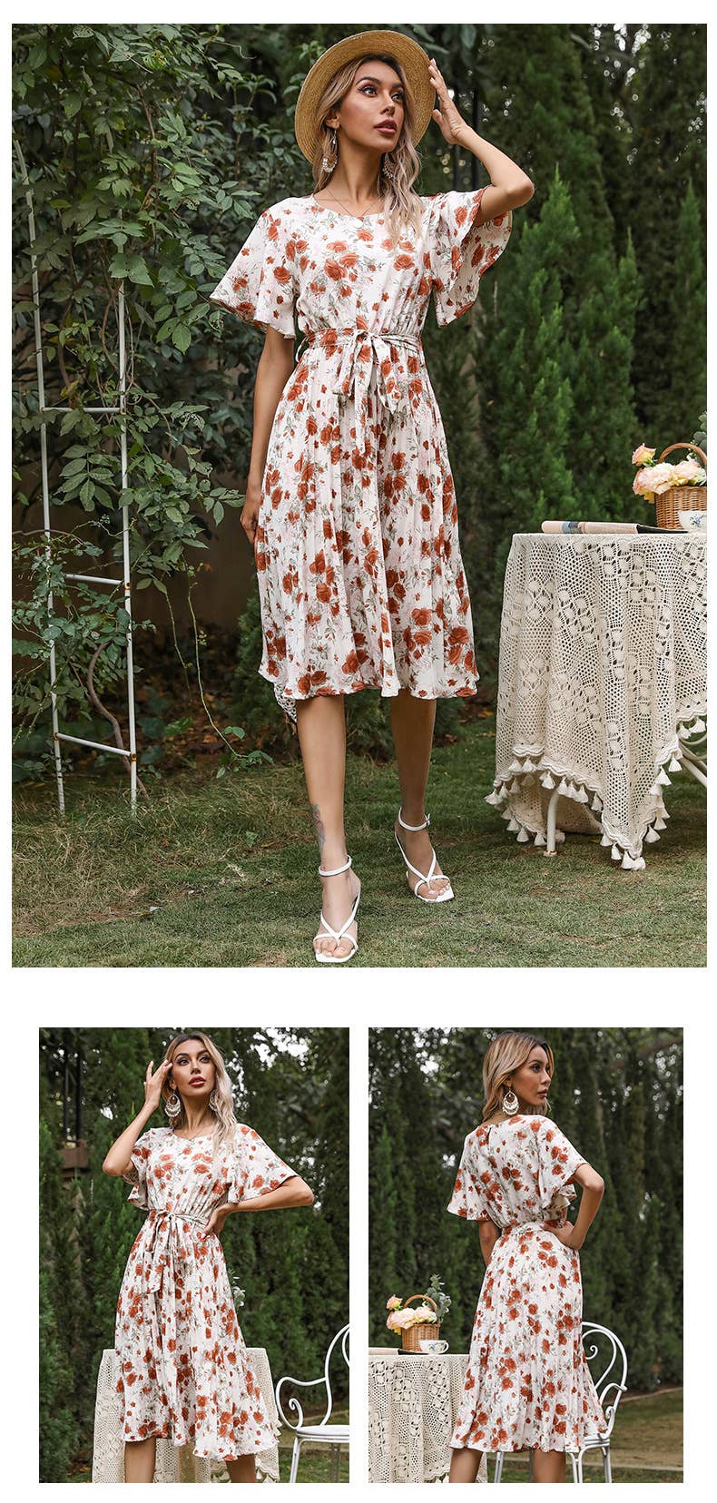 Crew-neck lace-up pleated print dress