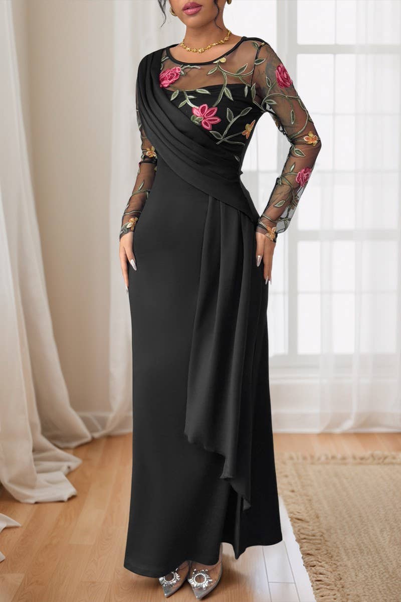 CWDMD6301_VINTAGE MESH EMBROIDERED LONG SLEEVE DRESS
