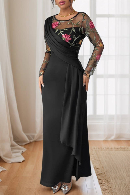 CWDMD6301_VINTAGE MESH EMBROIDERED LONG SLEEVE DRESS