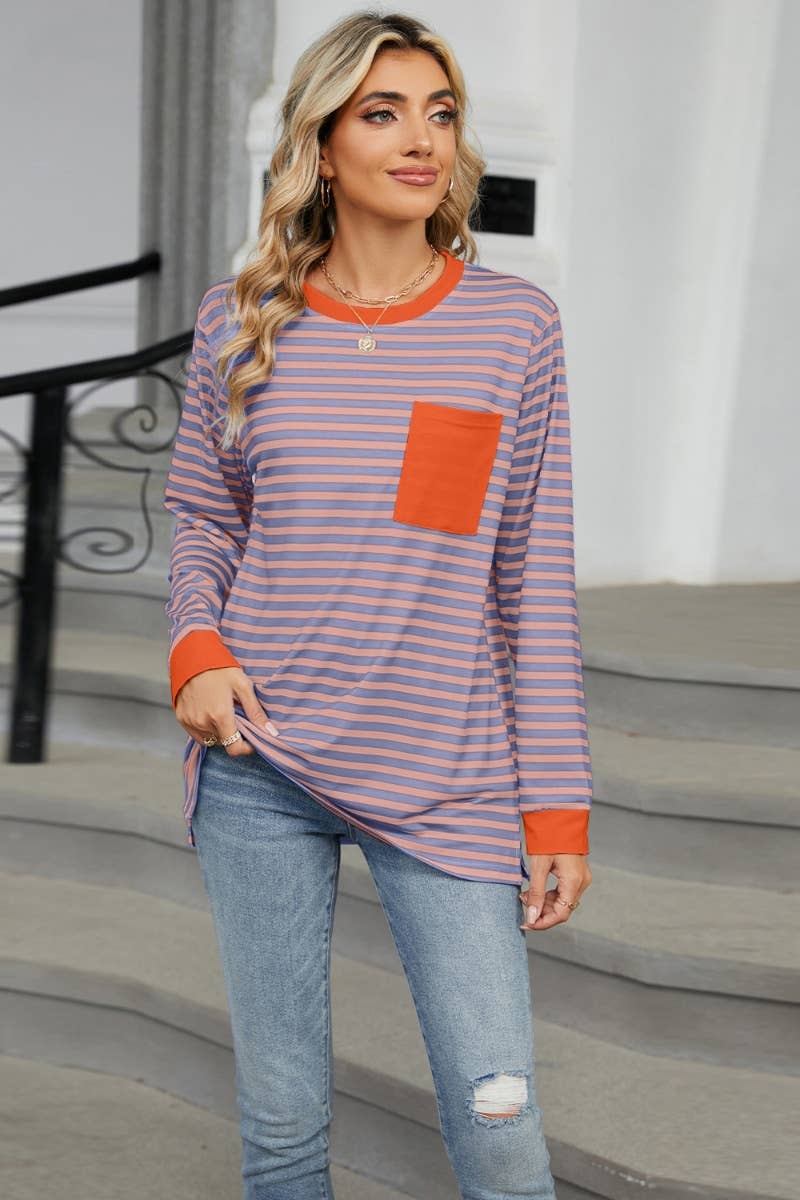 CWTBLL2934_CREW-NECK SPLIT TOP WITH STRIPED POCKETS