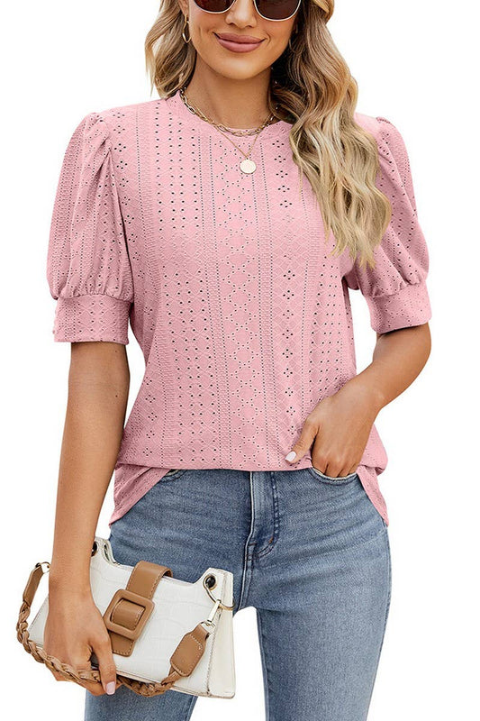 CWTBLS0615_ HOLLOW PUFF SLEEVES SHORT SLEEVED BLOUSE TOP