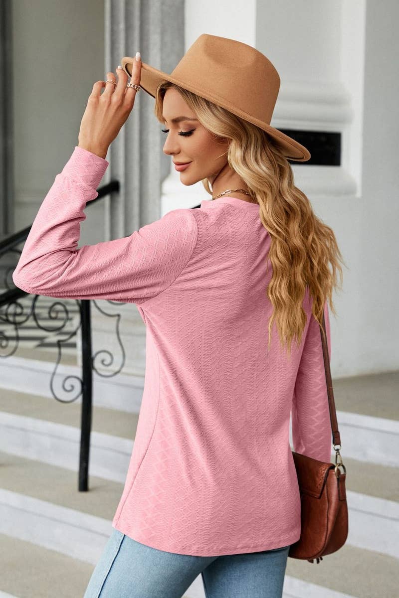CWTBLL2801_SOLID COLOR V-NECK LONG SLEEVE BUTTON-UP TOP