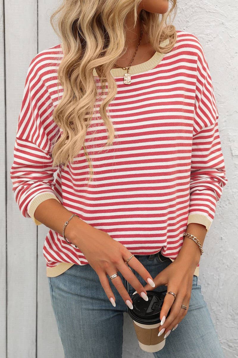 CWOSWL4272_ROUND NECK STRIPED CONTRAST COLOR CASUAL SWEATER