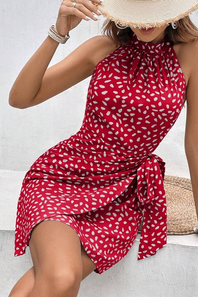 CWDSD7525_FASHIONABLE HALTERNECK FLORAL PLEATED SHORT DRESS