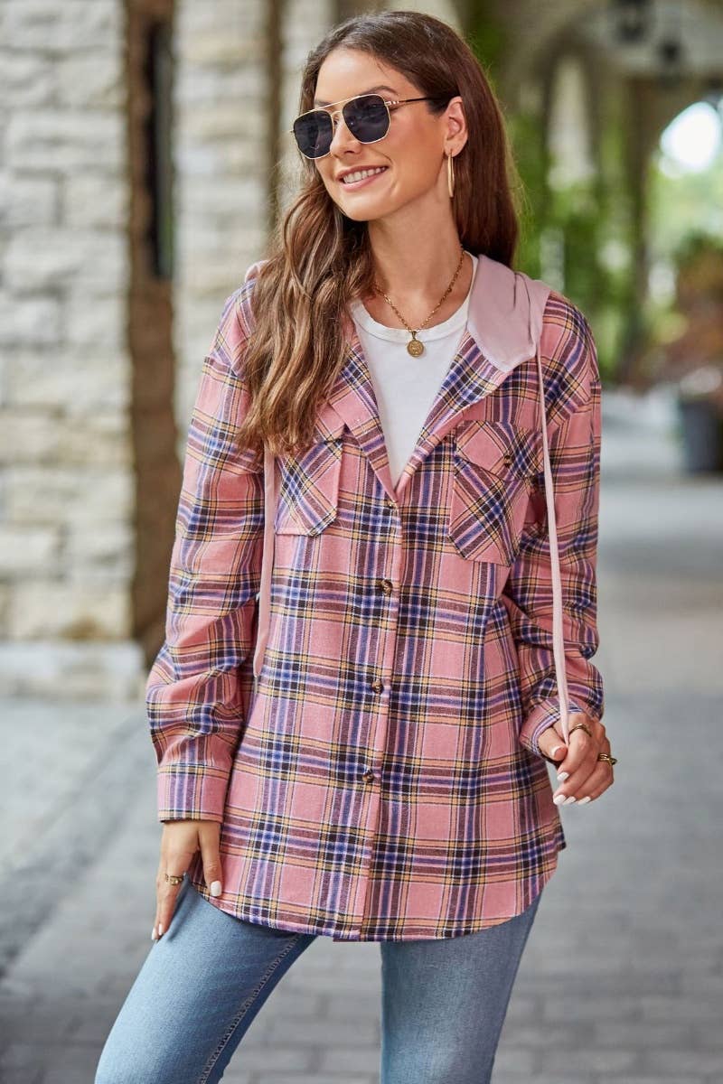 CWTSTL1718_FALL CASUAL LONG-SLEEVED HOODED PLAID SHIRT TOP
