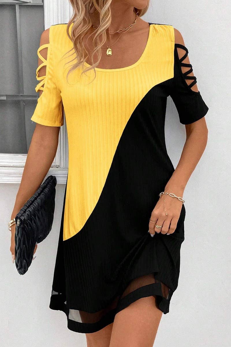 CWDSD7555_TEMPERAMENT COLOR MATCHING HOLLOW MESH DRESS