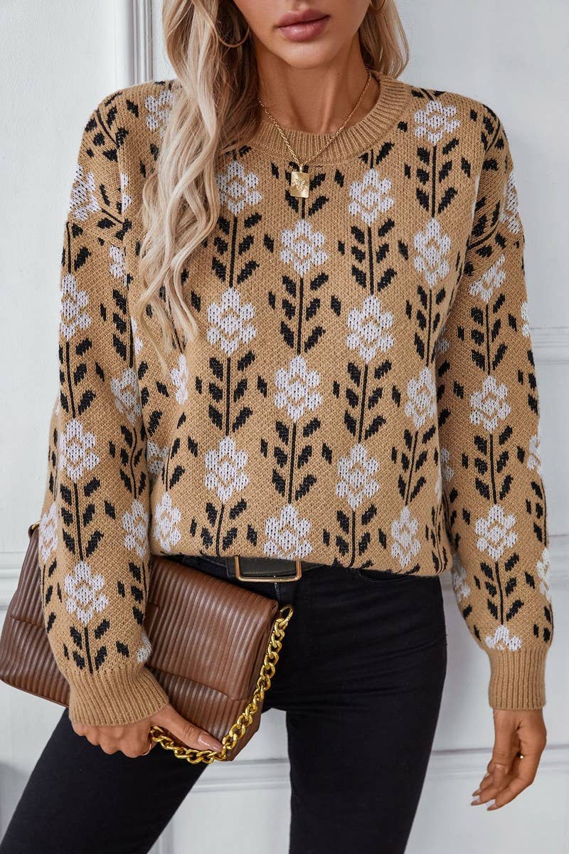 CWOSWL2927_FLORAL JACQUARD LONG-SLEEVED PULLOVER SWEATER