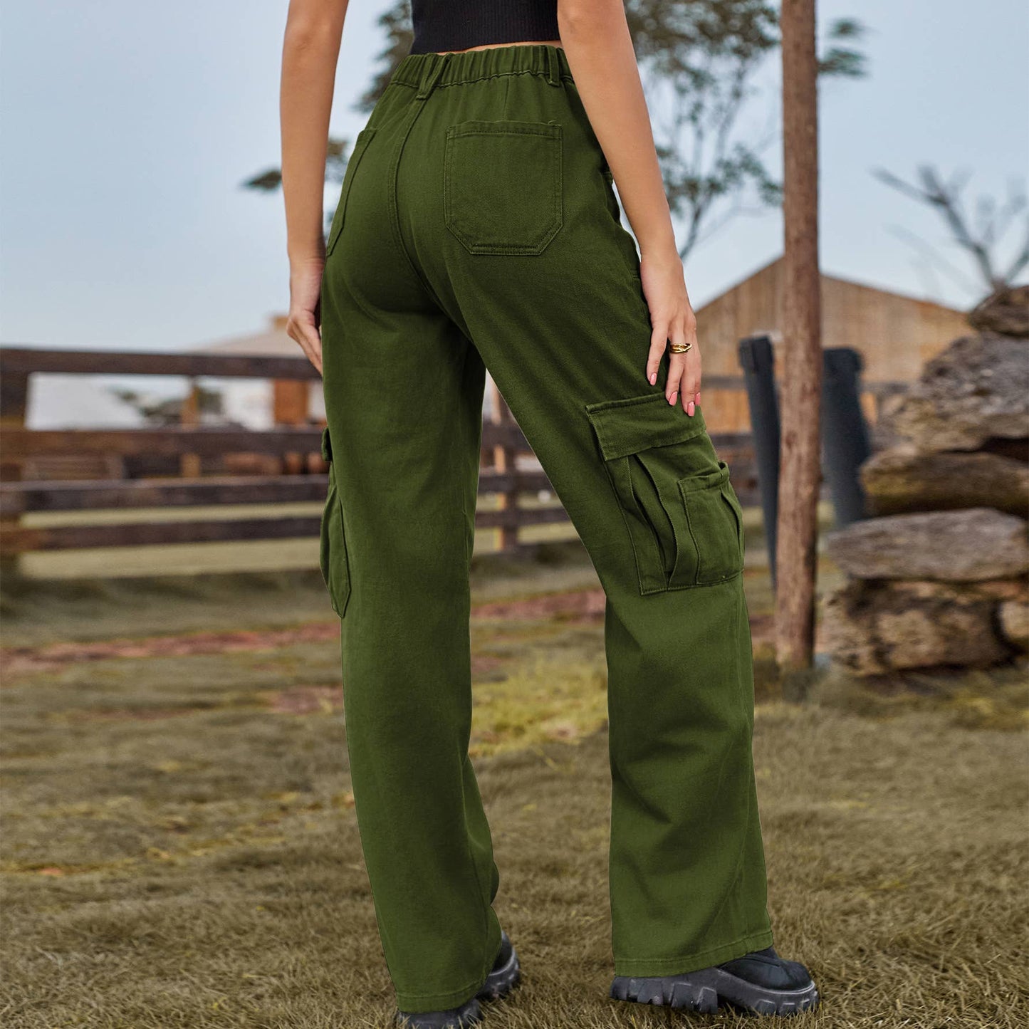 ELASTIC-WAISTED DENIM CASUAL CARGO PANTS